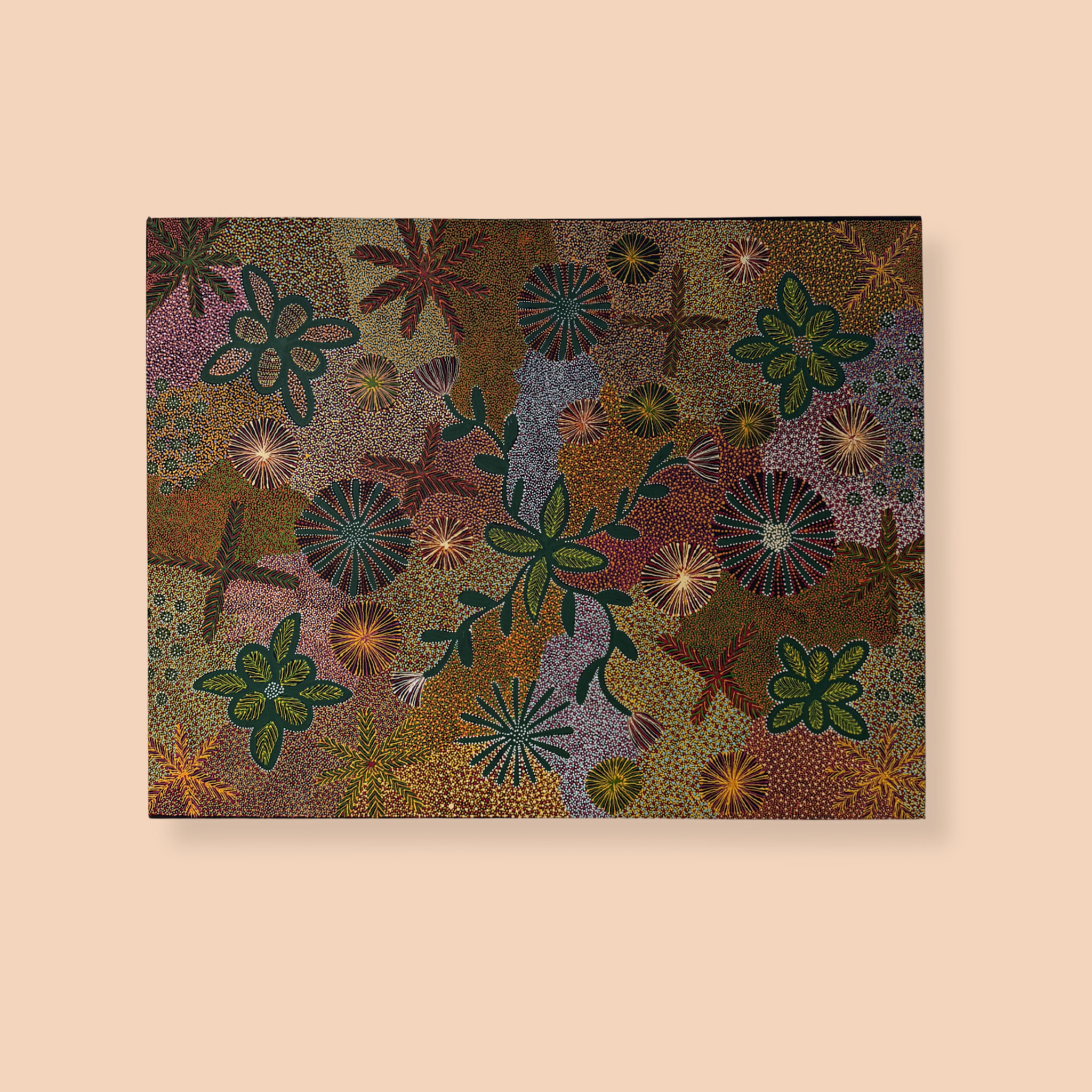 Abstract floral artwork on a beige background
